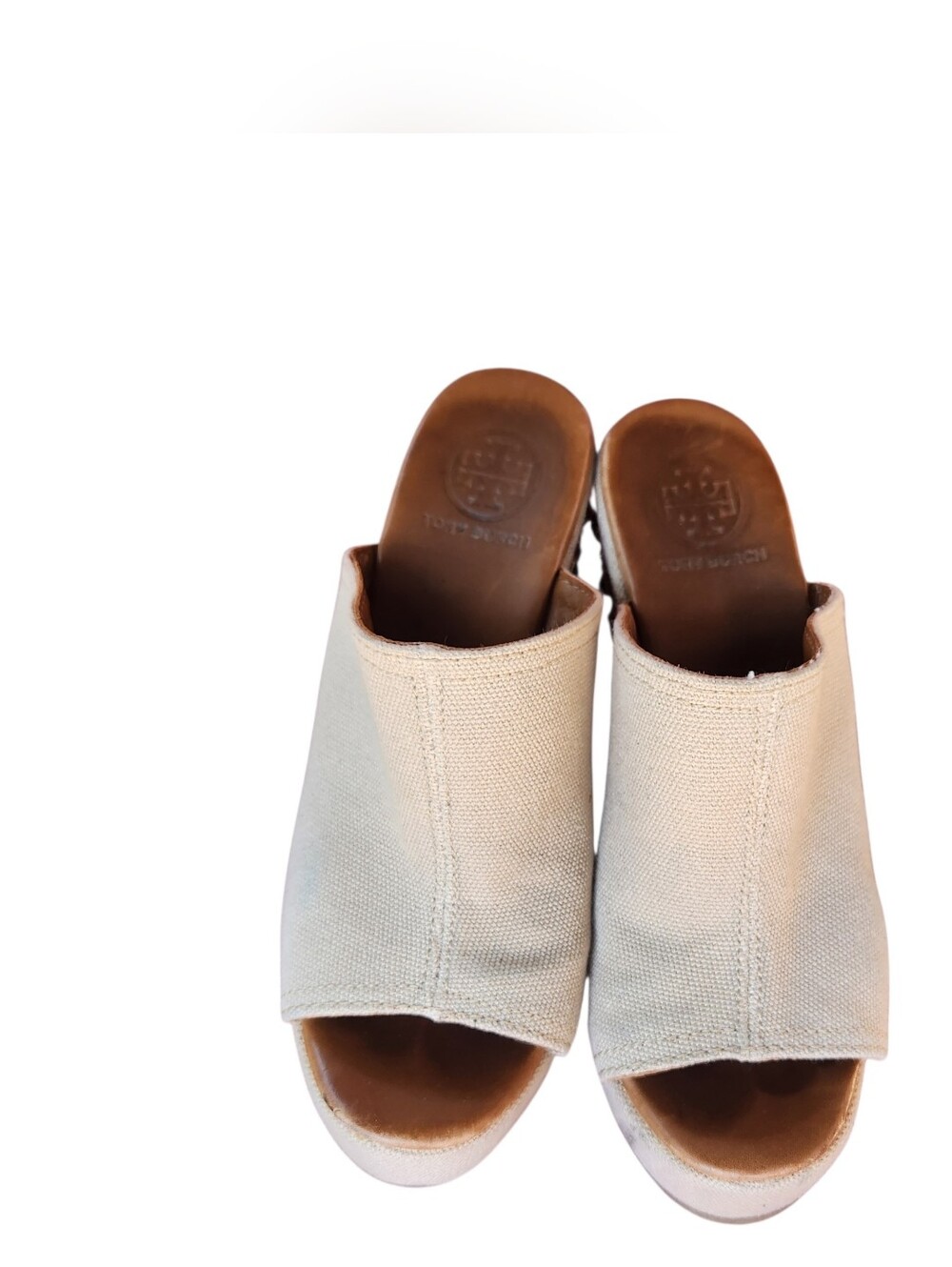 Tory Burch Taupe Canvas Studded Logo Mule Slides